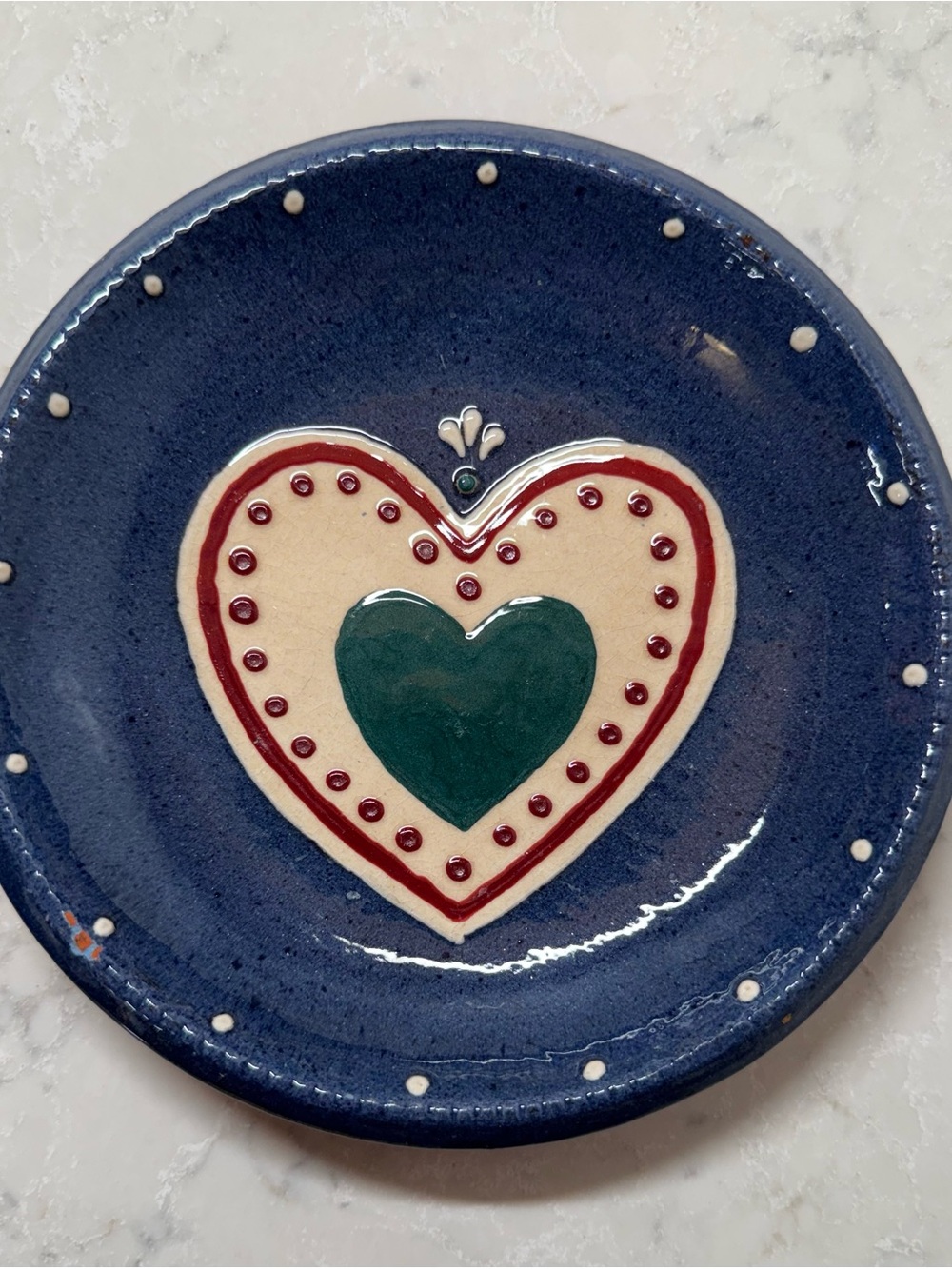 Handmade Blue Ceramic Plate with Heart Motif Signed